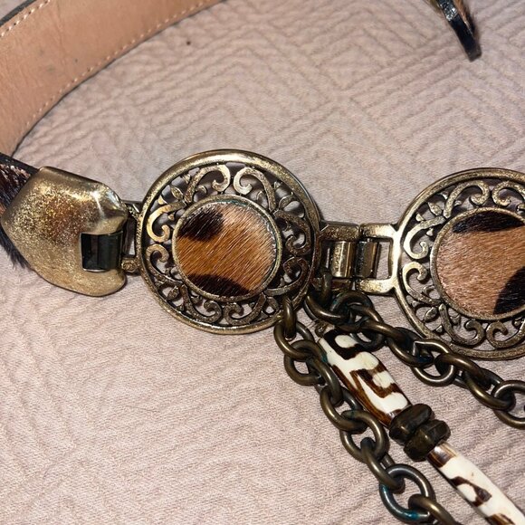 Streets Ahead Vintage Womens Belt Size Large Brown Pony Hair Brass Layered - Picture 13 of 16